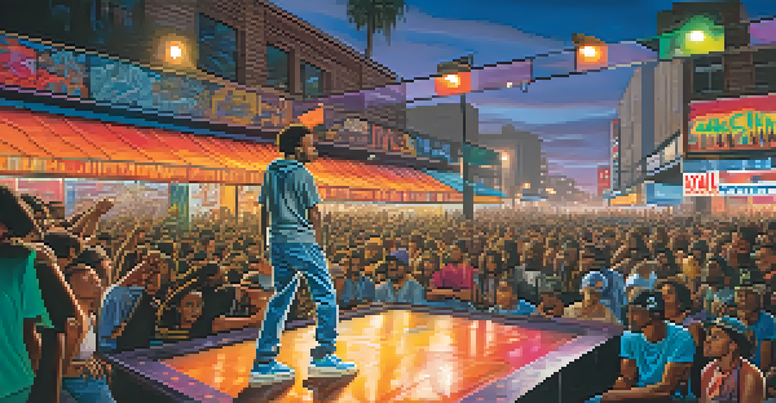 An 1980s urban Los Angeles scene with a hip-hop artist performing on a graffiti-covered stage, surrounded by a lively crowd.