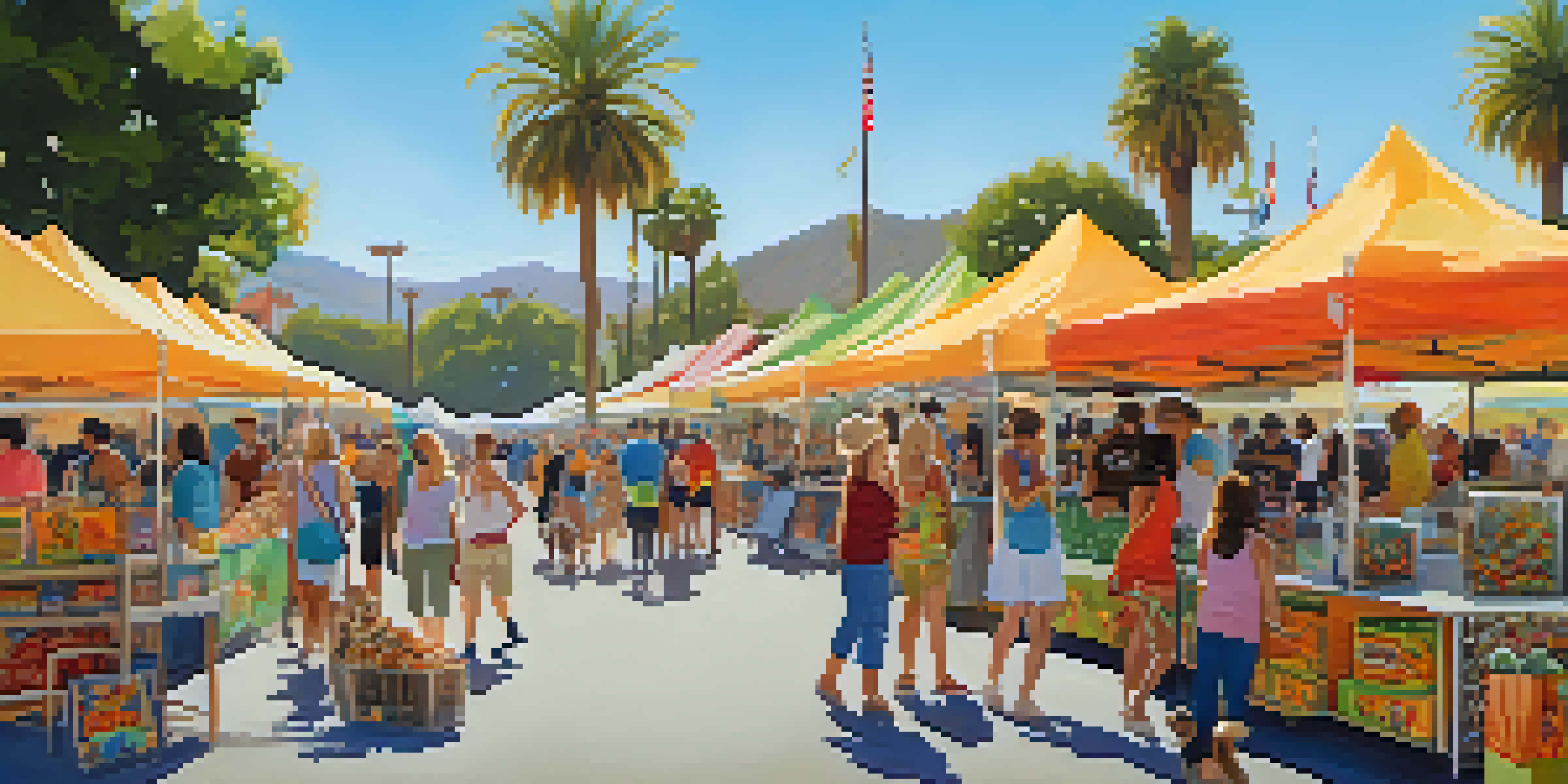 A lively outdoor pet fair in California featuring various stalls with pet products and happy families with their pets.