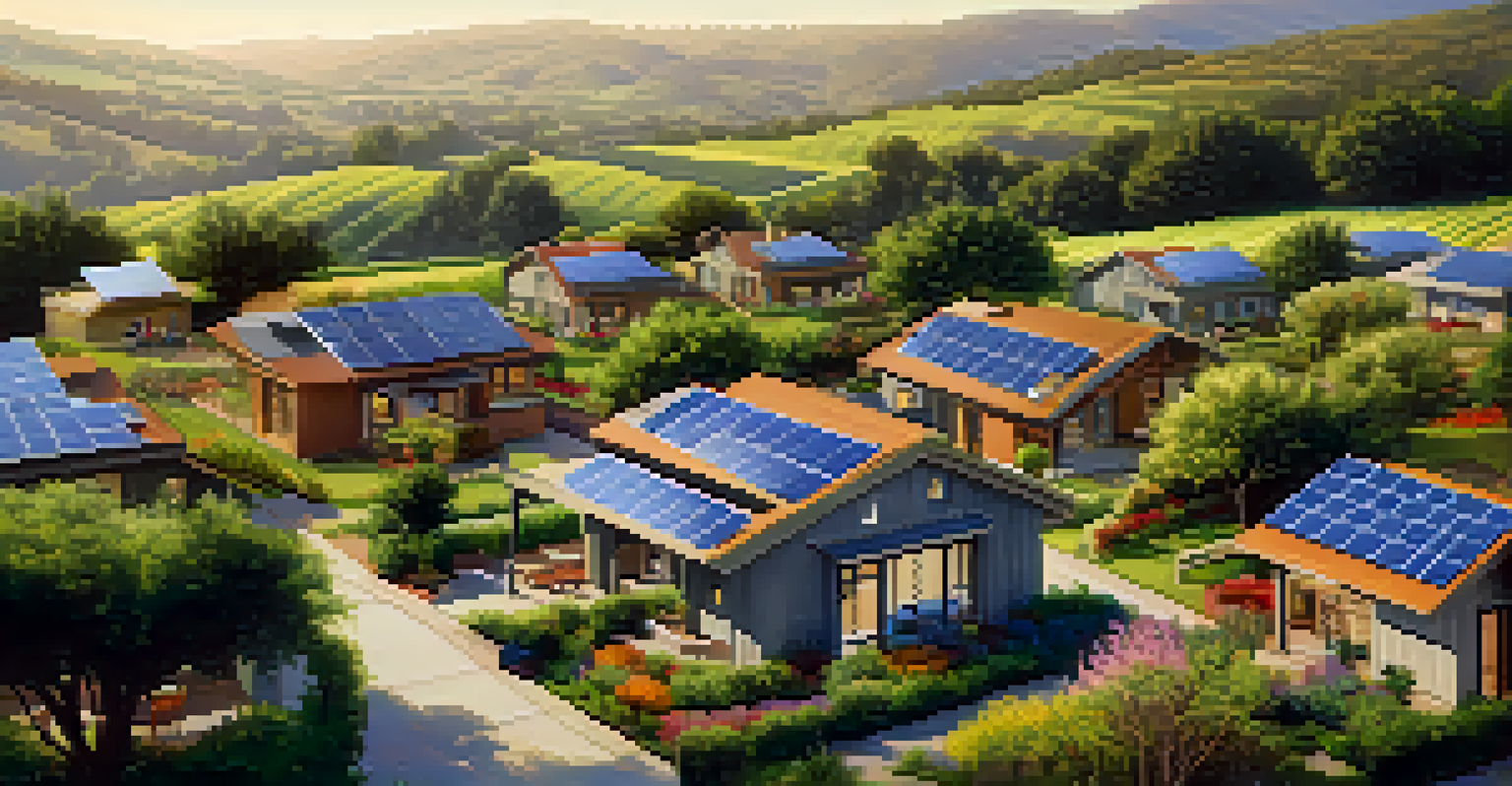 A community of Zero Energy Buildings with solar panels and gardens, showcasing sustainable living in Napa Valley under a sunny sky.