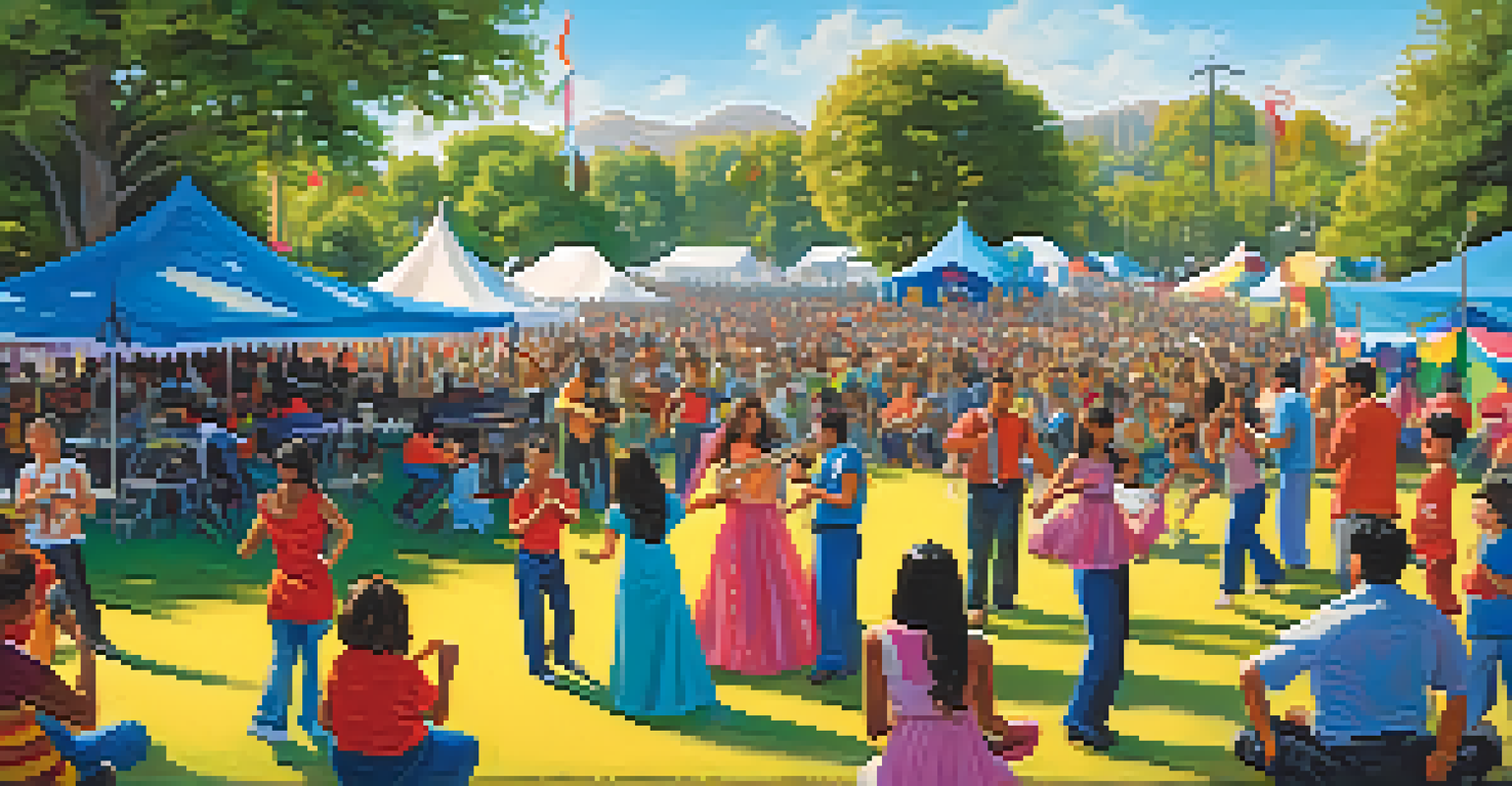 A lively community music festival in a park with families enjoying live performances and dancing under a blue sky.