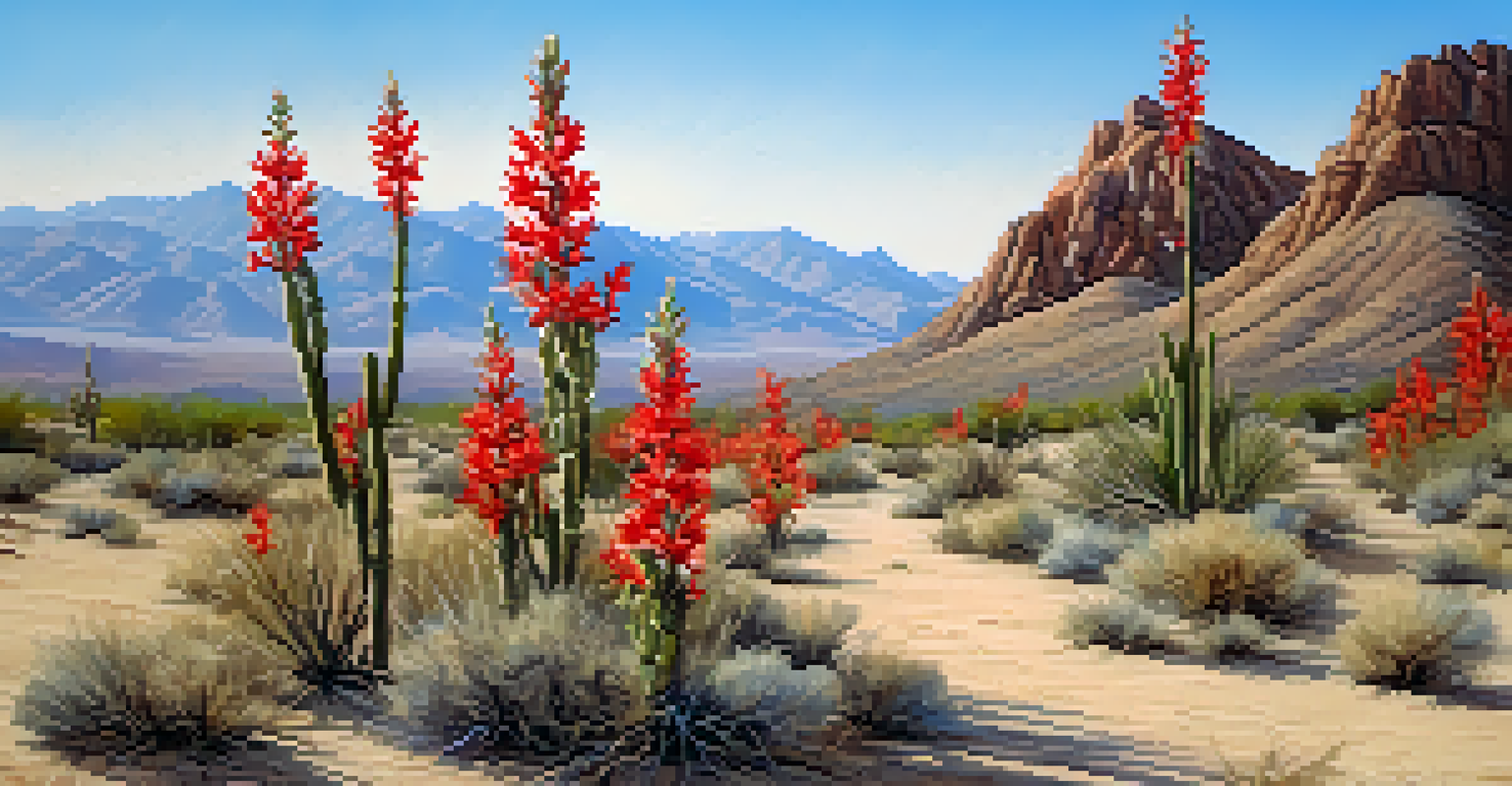 A vibrant scene of blooming ocotillo plants with red flowers in the Mojave Desert, under a clear blue sky, with hummingbirds nearby.