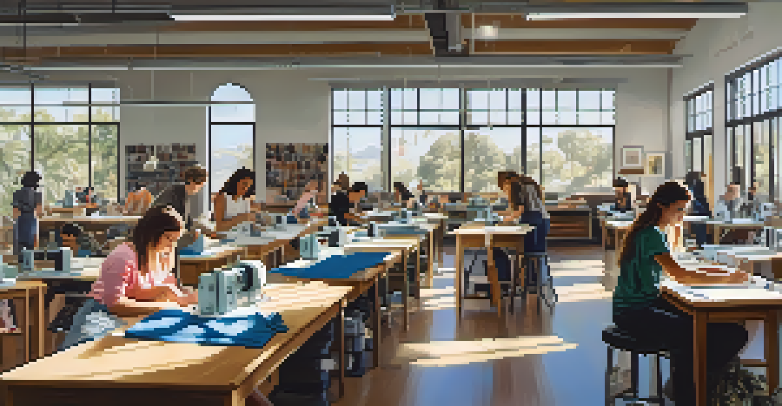 A California fashion classroom with students working on design projects, featuring sewing machines and fabric swatches, illuminated by sunlight from large windows.