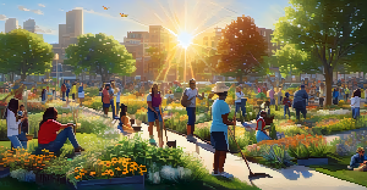 Residents participating in a community event to plant native vegetation in a city park, with blooming flowers and butterflies around them.