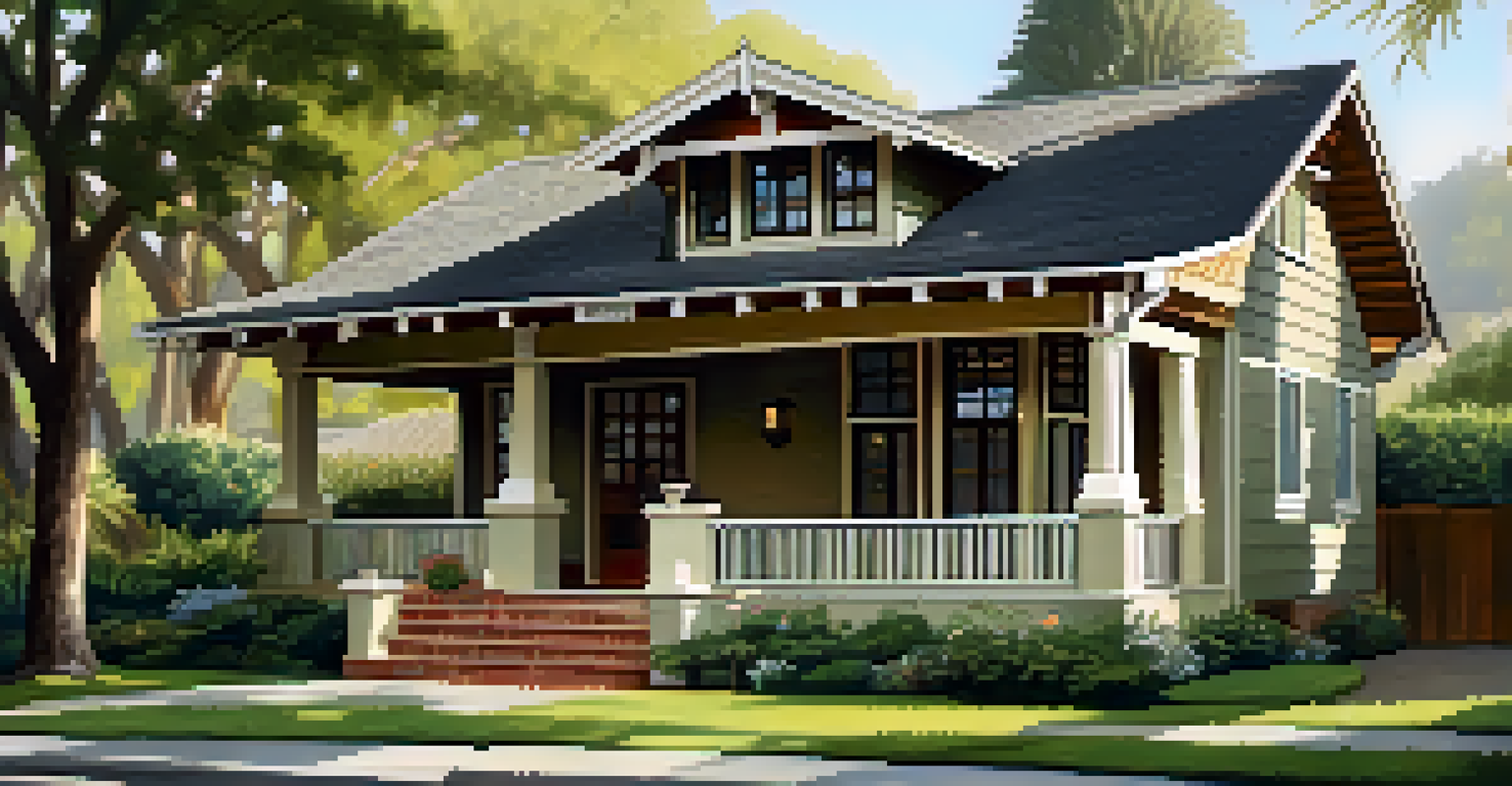 A charming Craftsman bungalow in Pasadena with a wide porch and exposed beams, surrounded by a lush garden in warm morning light.