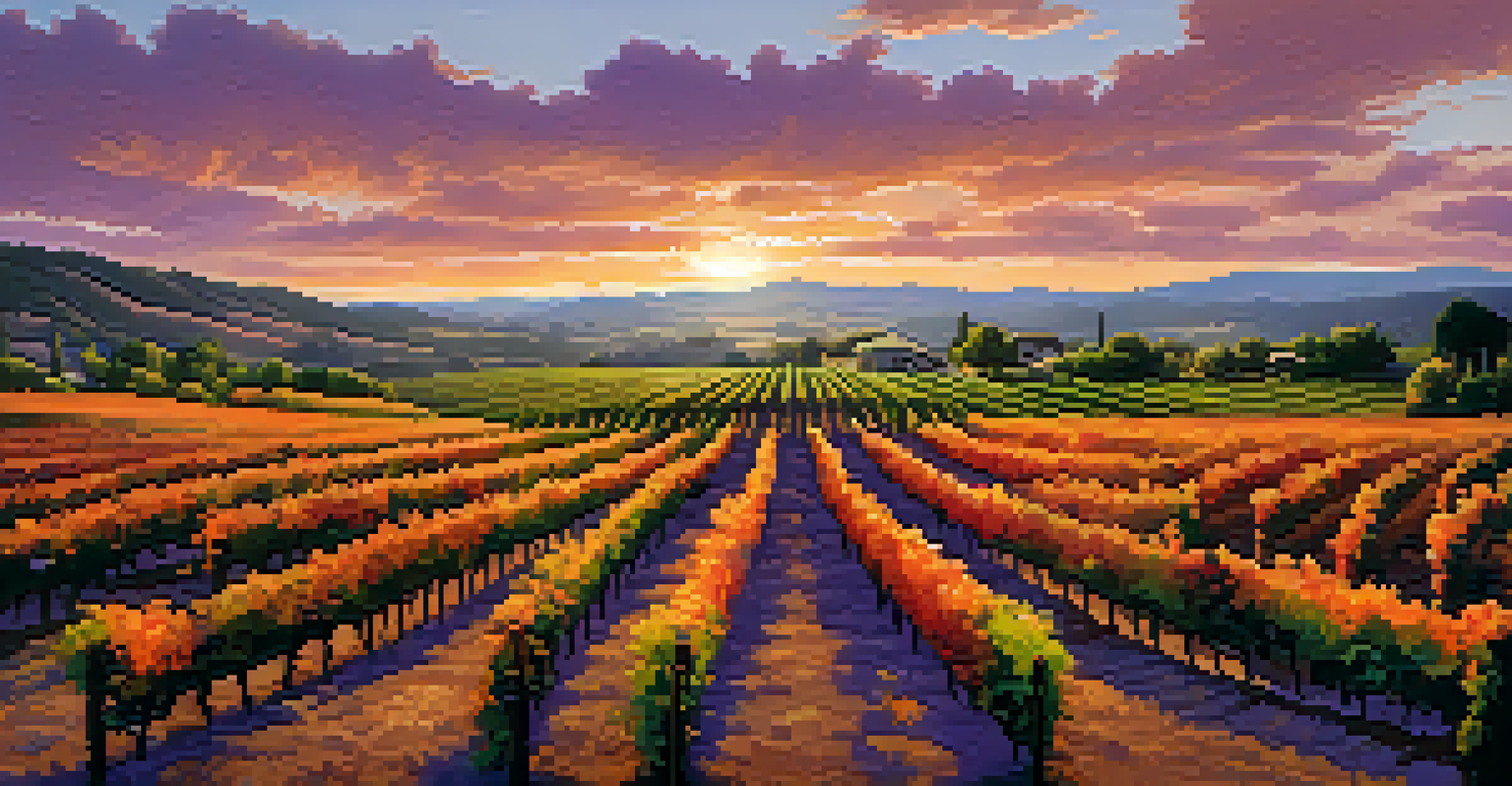 A stunning sunset view over Napa Valley vineyards, with grapevines in rows and a rustic farmhouse in the background against an orange and purple sky.