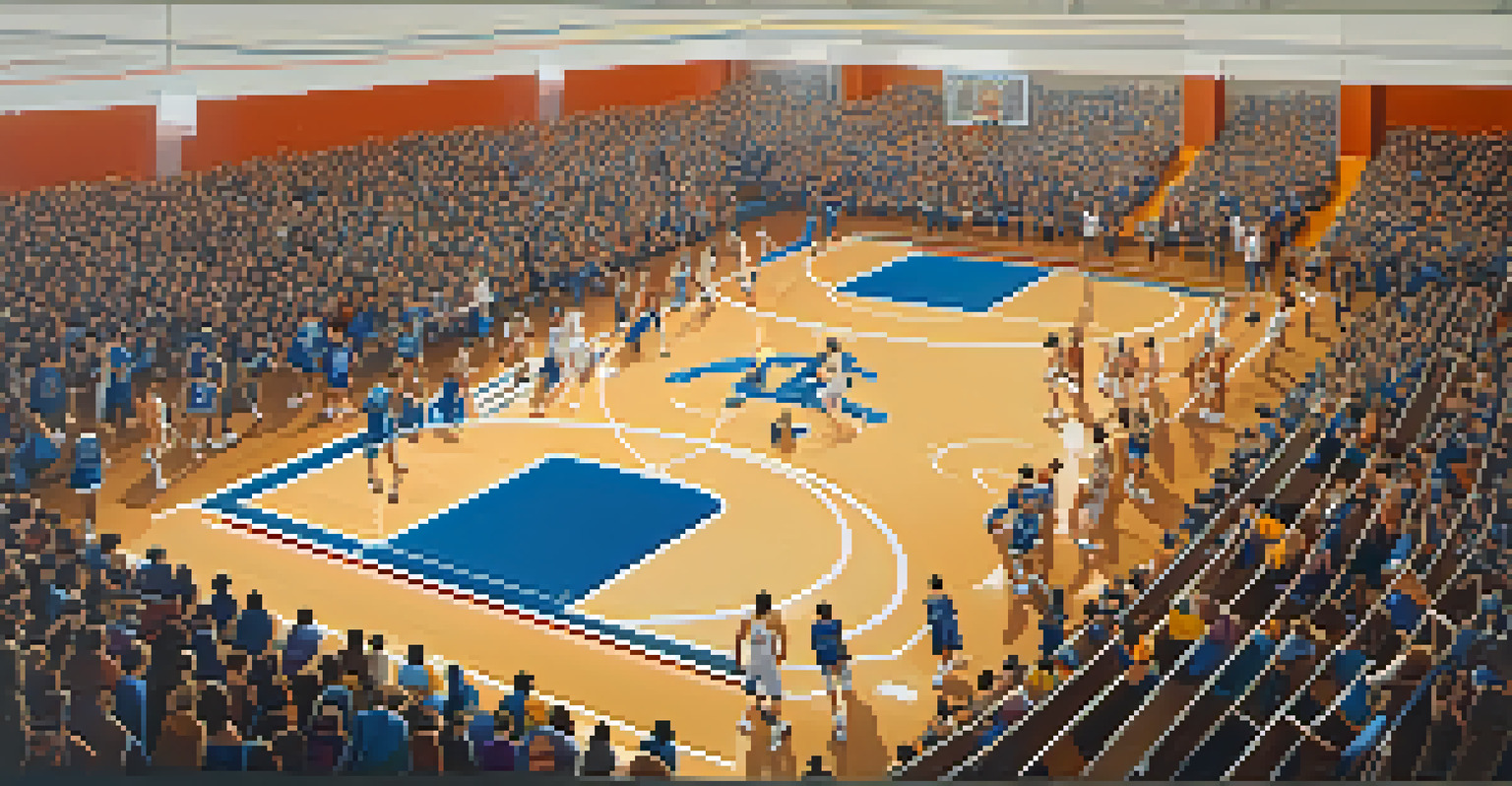 An aerial view of a high school basketball championship game in California, with players in action and enthusiastic fans in the stands.