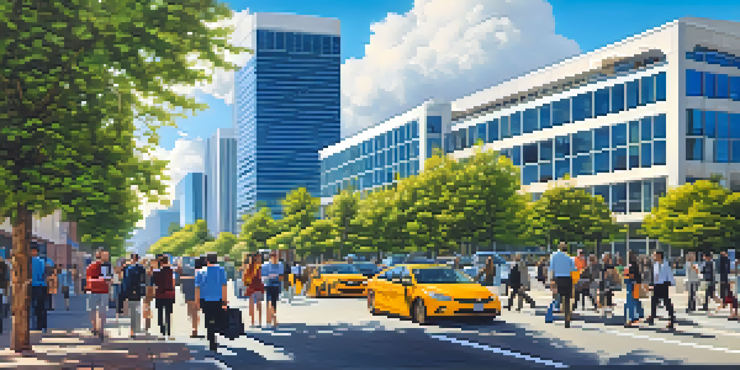 A lively street in Silicon Valley filled with professionals using technology, surrounded by modern buildings and green spaces under a clear blue sky.