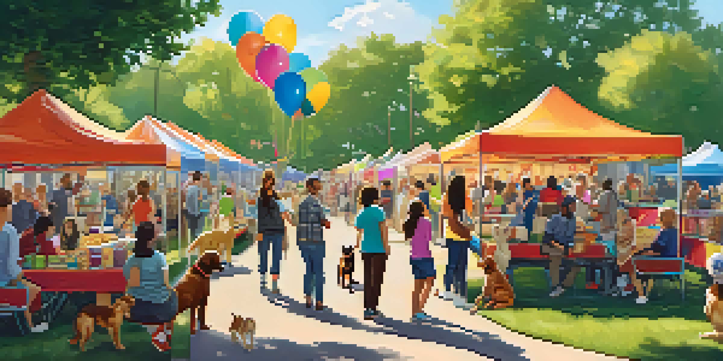 A community pet adoption event in a park with people interacting with various dogs and cats, colorful stalls, and festive decorations.