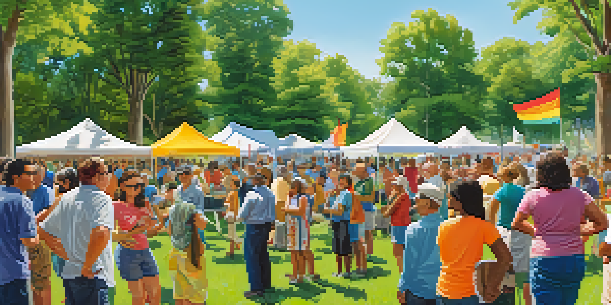 A diverse group of residents engaging in an earthquake preparedness workshop in a park, surrounded by colorful banners and trees.