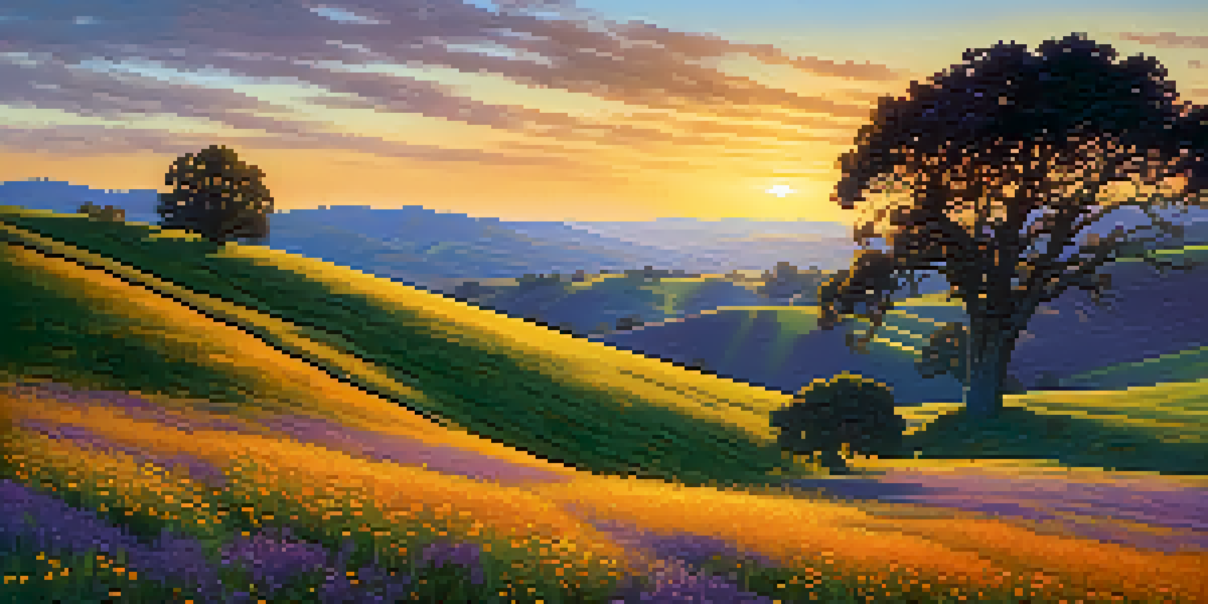 A beautiful sunset over rolling hills in California, with blooming wildflowers in the foreground and a lone oak tree casting shadows.