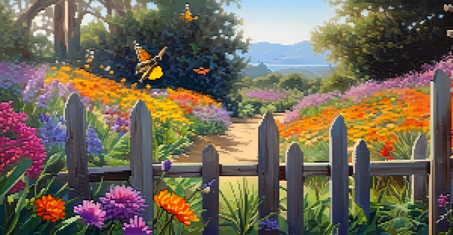A close-up of a native California plant garden filled with colorful flowers, with bees and butterflies visible, and a rustic wooden fence in the background under soft sunlight.