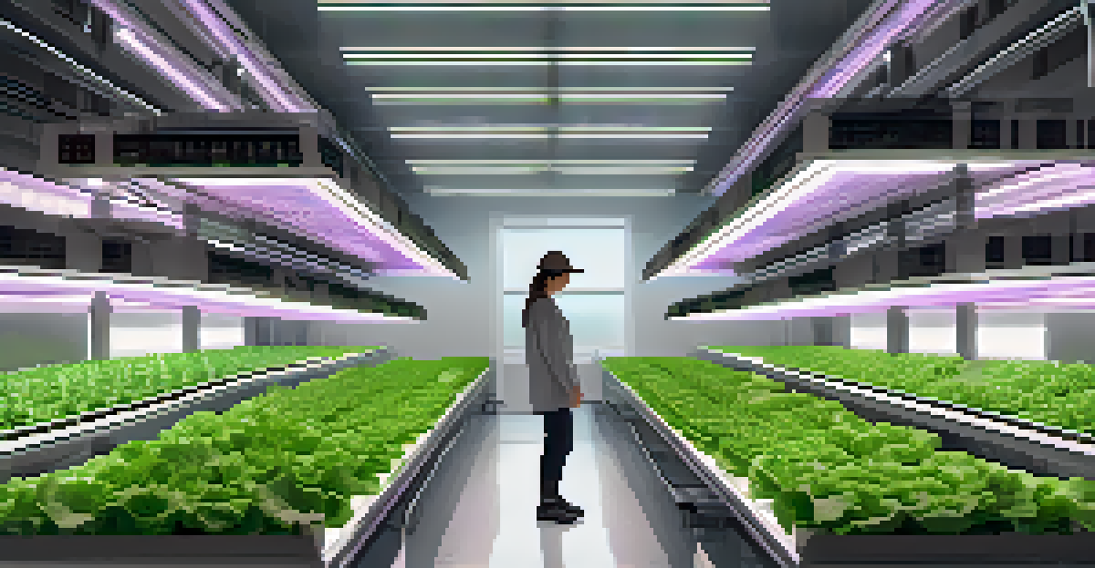 A modern vertical farm with rows of green lettuce and herbs, illuminated by LED lights, with a farmer using a tablet to monitor the plants.