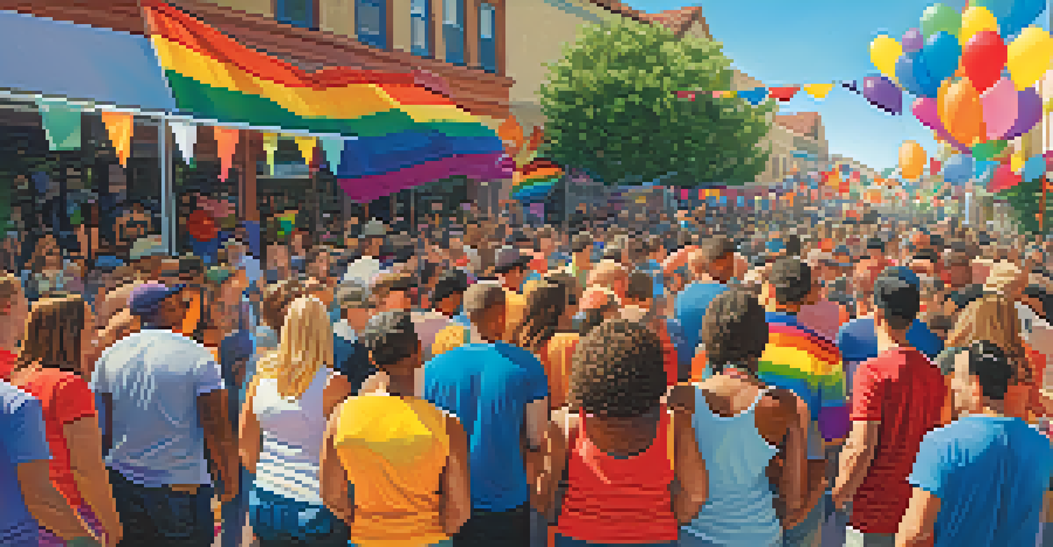 A small community Pride celebration with diverse friends holding hands and colorful decorations around them.