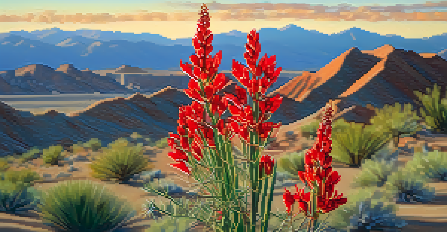 A close-up of an ocotillo plant with red flowers in the Colorado Desert, set against a warm, sandy background.