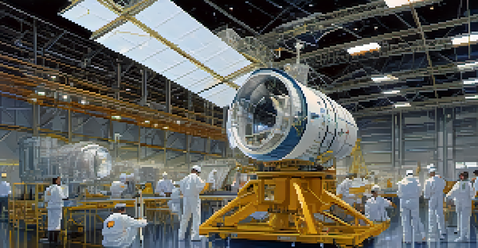 A close-up of a satellite being prepared for launch with engineers in safety gear, showcasing the satellite's details and the busy surroundings.