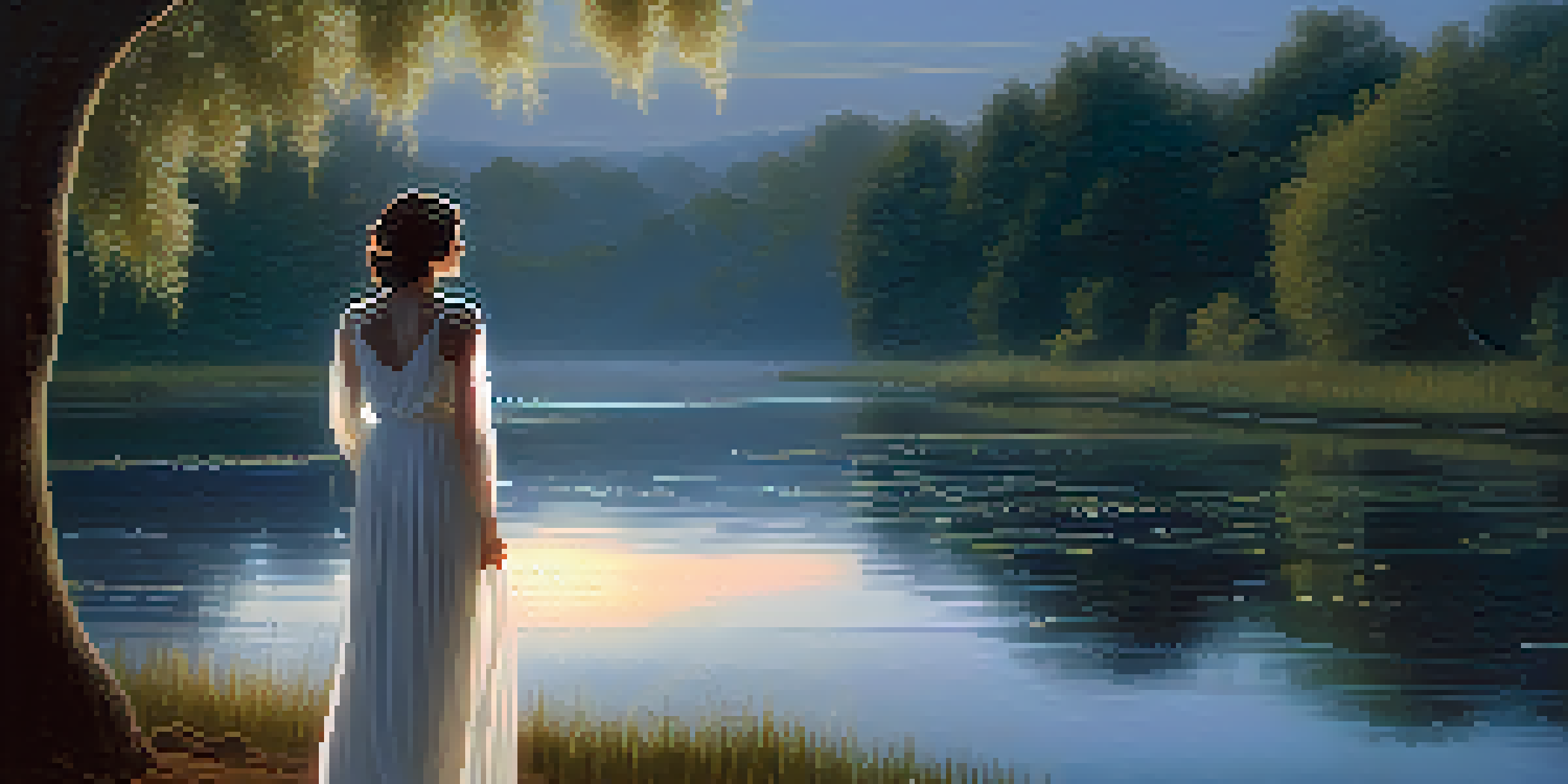 A ghostly figure of a woman in a white dress standing by a river at night, looking sorrowful under the moonlight, with mist and willow trees around her.