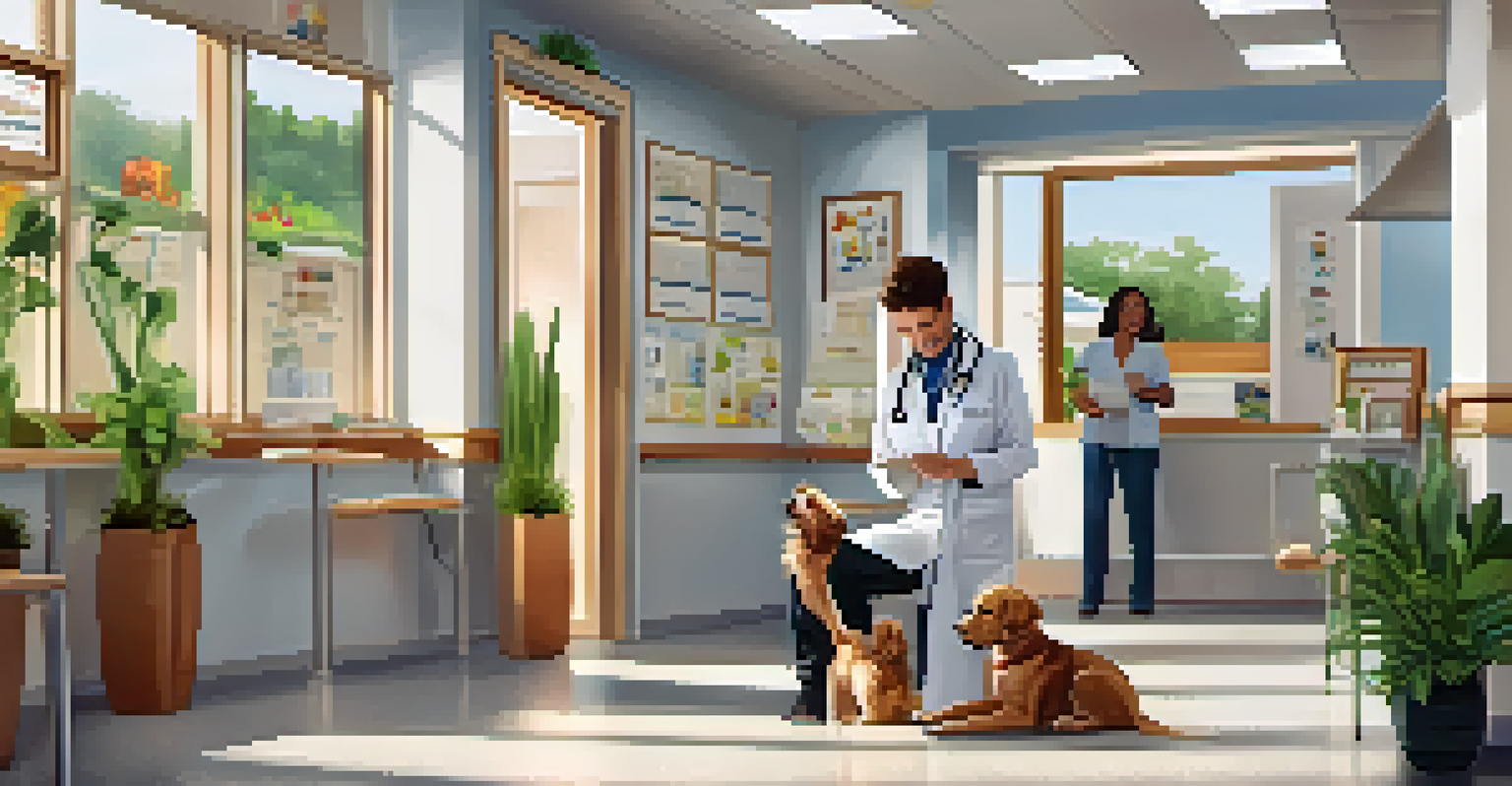 A bright and welcoming veterinary clinic where a veterinarian is examining a puppy, surrounded by pet-themed decor.