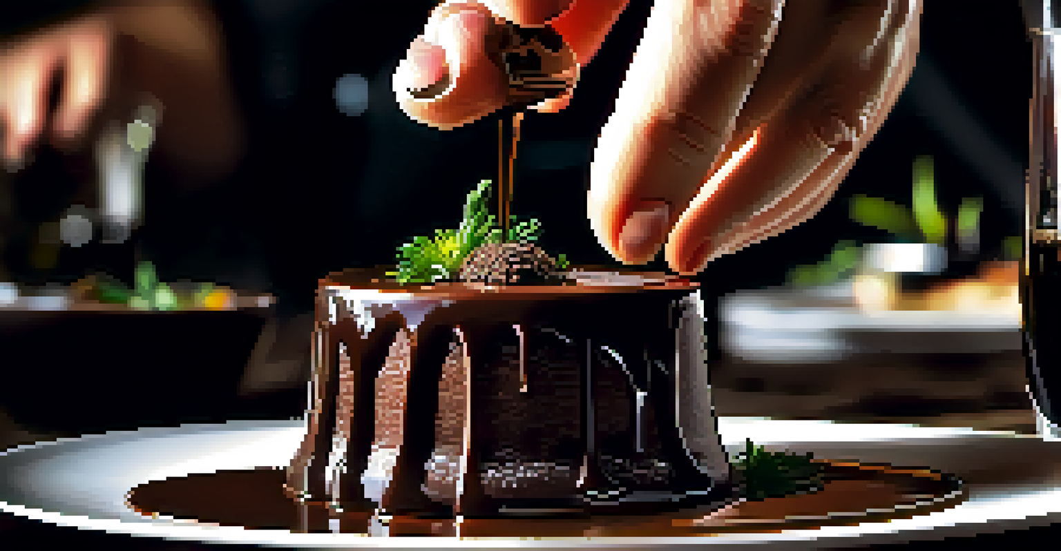 A chef plating a chocolate dessert with a stout beer, showcasing intricate details and fresh herbs.
