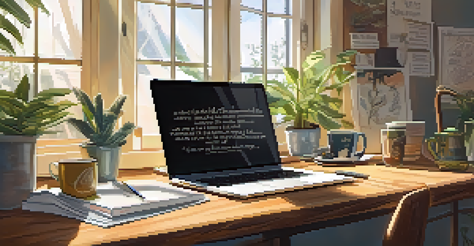 A cozy workspace of a gig worker with a laptop, coffee cup, and sketches on a wooden table, filled with sunlight and plants, creating an inspiring atmosphere.
