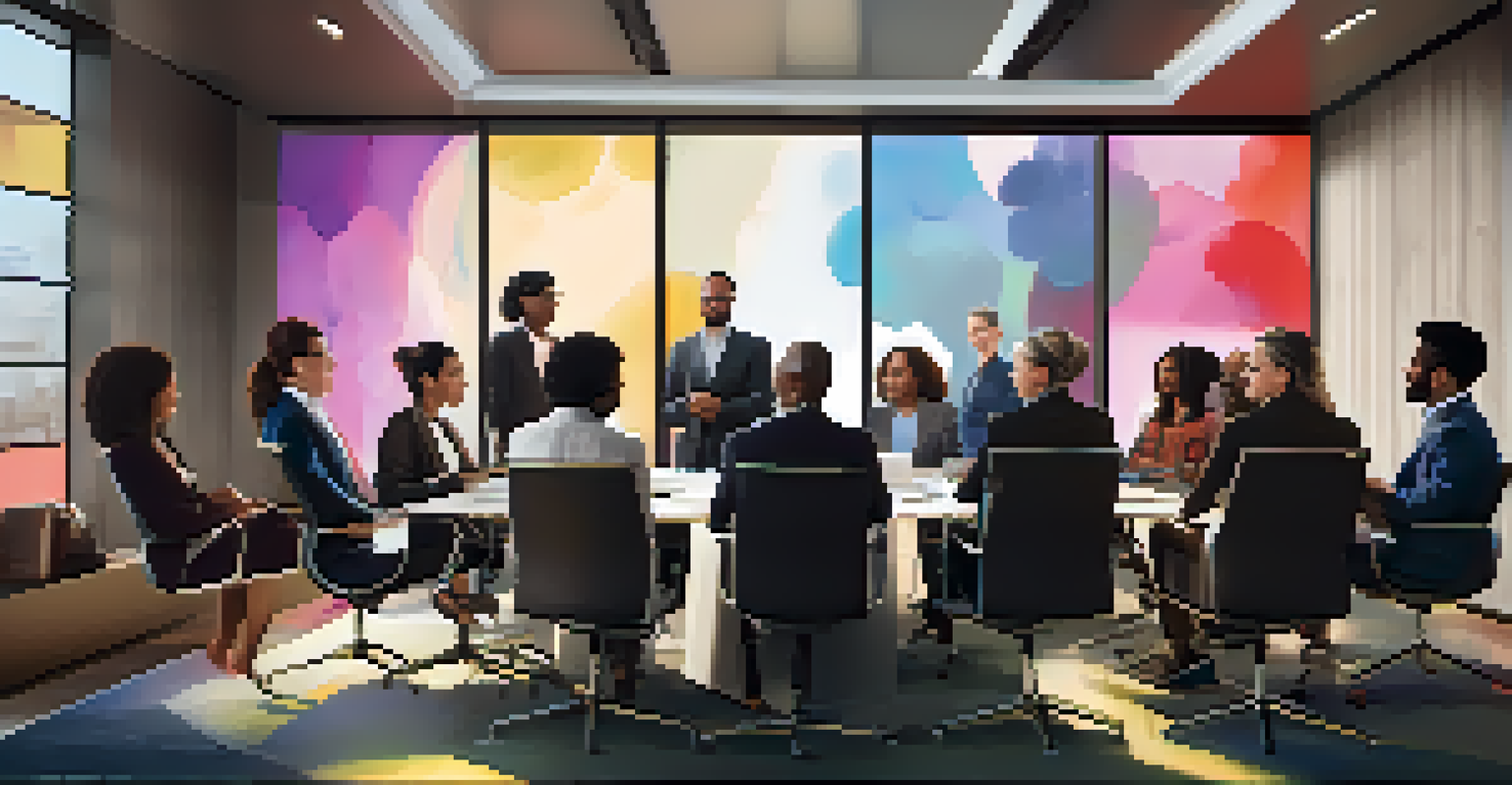 A diverse group of film executives in a modern boardroom discussing a project with a large screen displaying visuals.