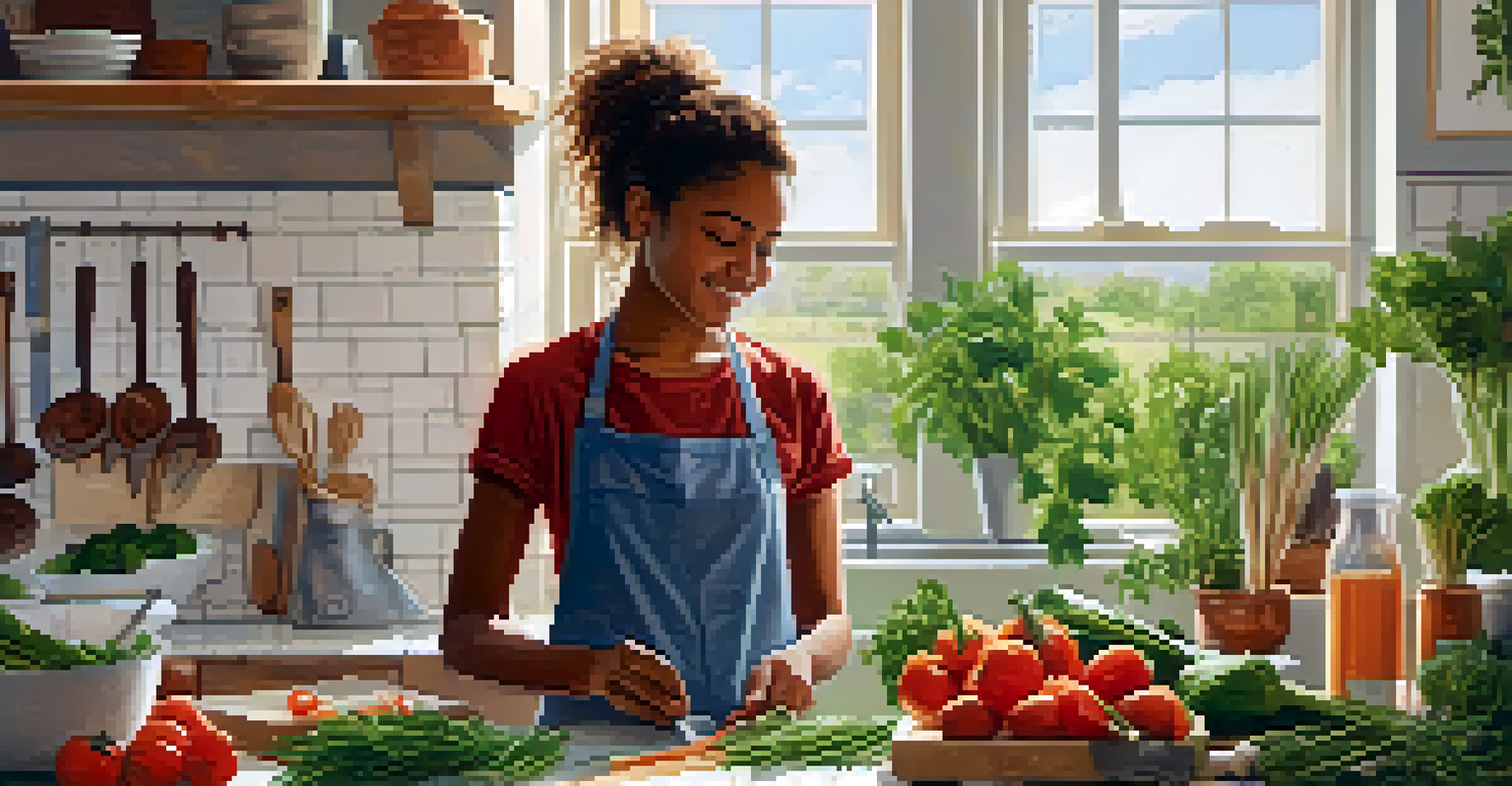 A teenager preparing a healthy plant-based meal in a bright, eco-friendly kitchen filled with fresh vegetables.