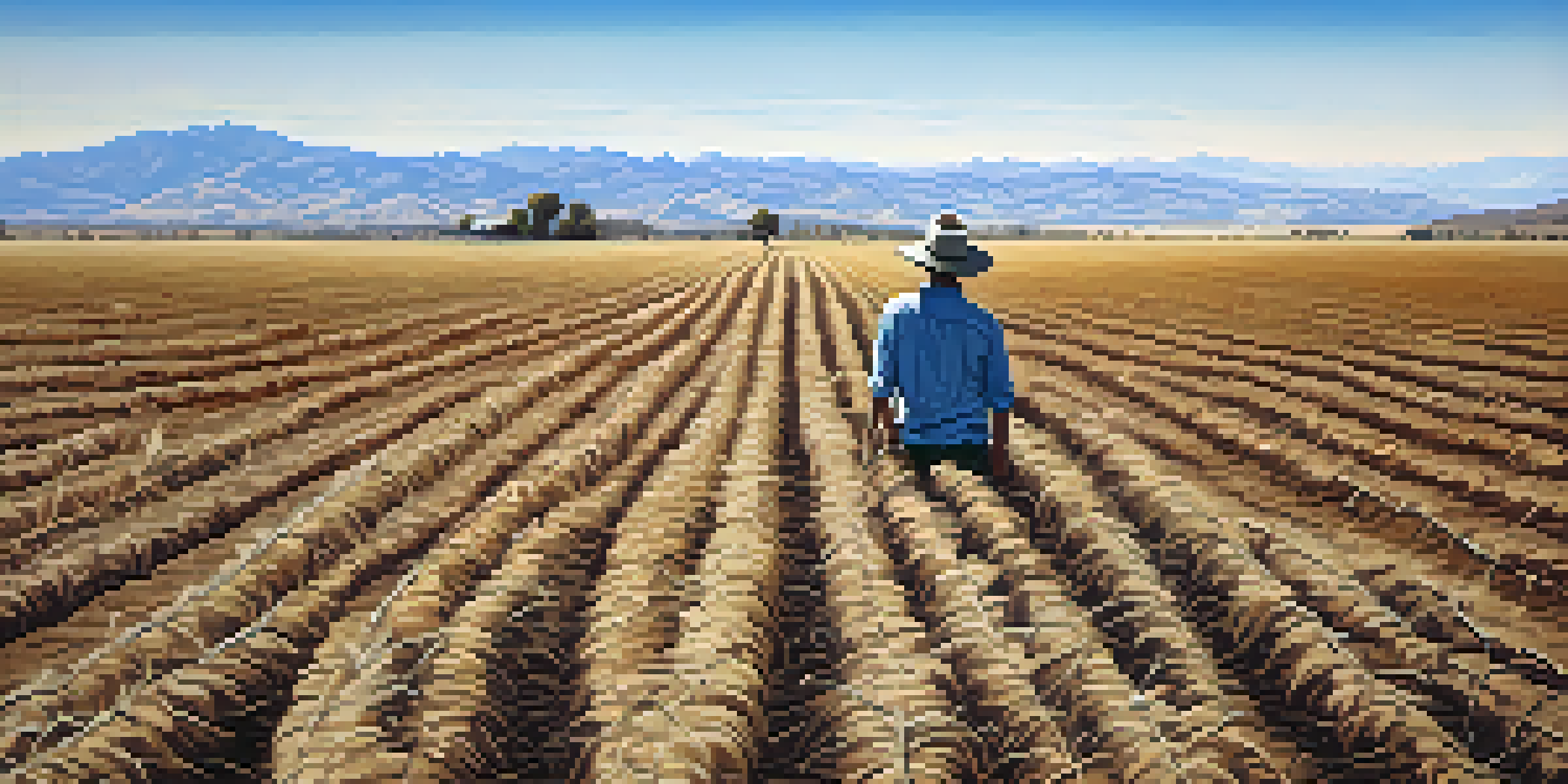 A farmer inspecting wilted crops in a dry California field with cracked soil and mountains in the background.