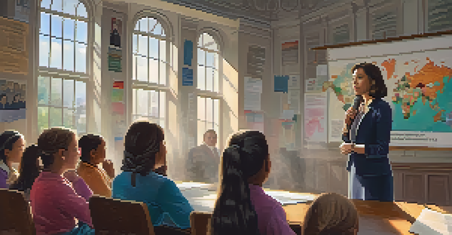 A female politician speaking to a group of young girls in a classroom, inspiring them with her message on leadership.