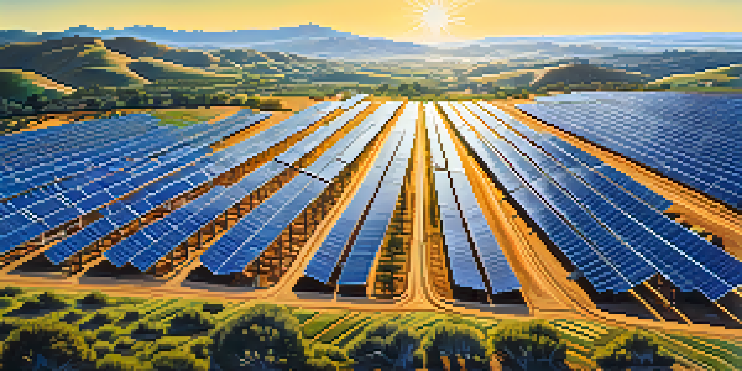 Aerial view of a large solar farm with rows of solar panels under a bright sun, set against rolling hills and a clear blue sky.
