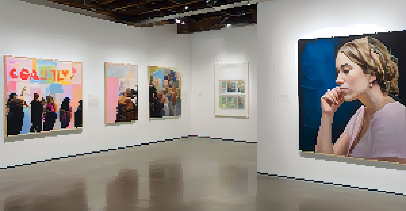 A contemporary art gallery featuring a feminist art exhibition with text-based artworks and mixed media pieces, surrounded by an engaged and diverse audience.