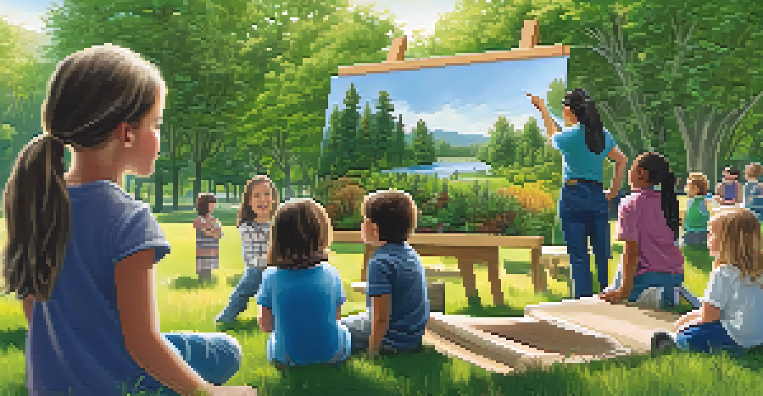 A sunny park with a workshop where children and adults learn about local ecology, with an instructor and a poster on native plants.