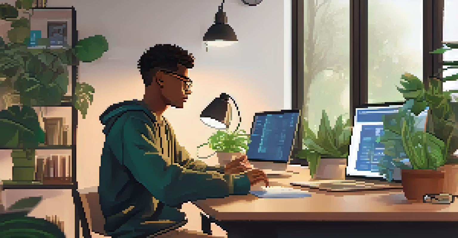 A young man studying at home during an online coding bootcamp, surrounded by multiple screens showing coding tutorials.