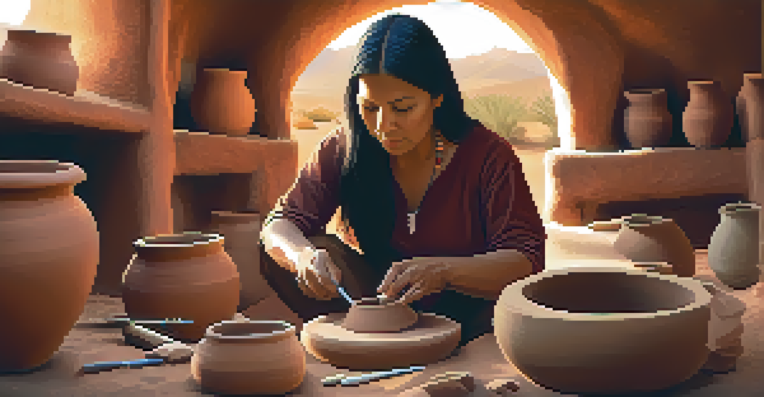 A California Native American artist at work, shaping and painting pottery with traditional designs in a warm and inviting environment.
