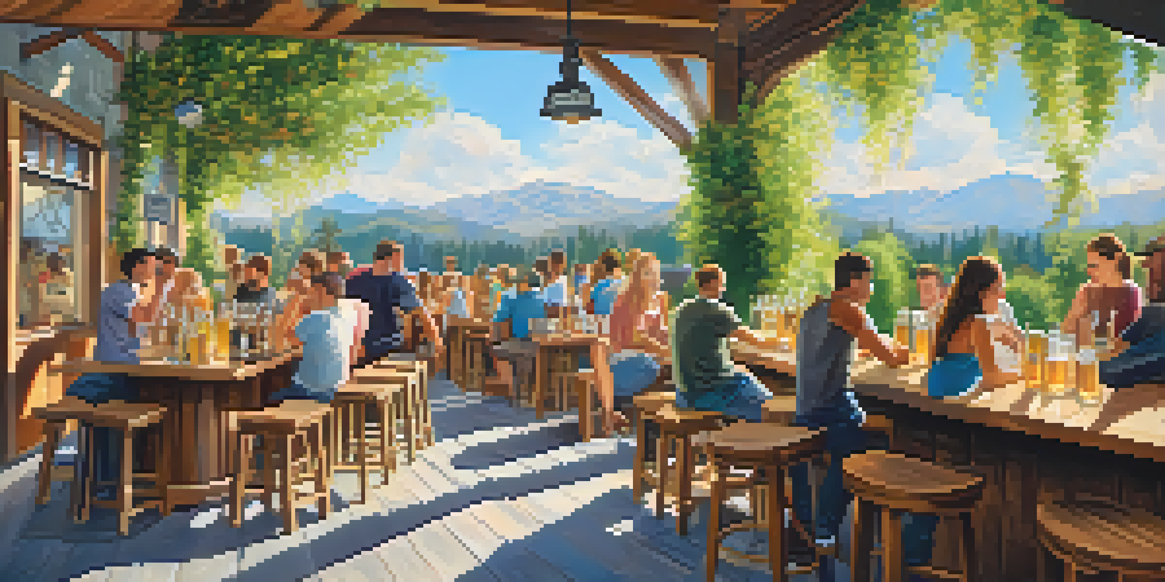 A sunny outdoor patio at a craft brewery in California, with people enjoying beers and lush gardens in the background.
