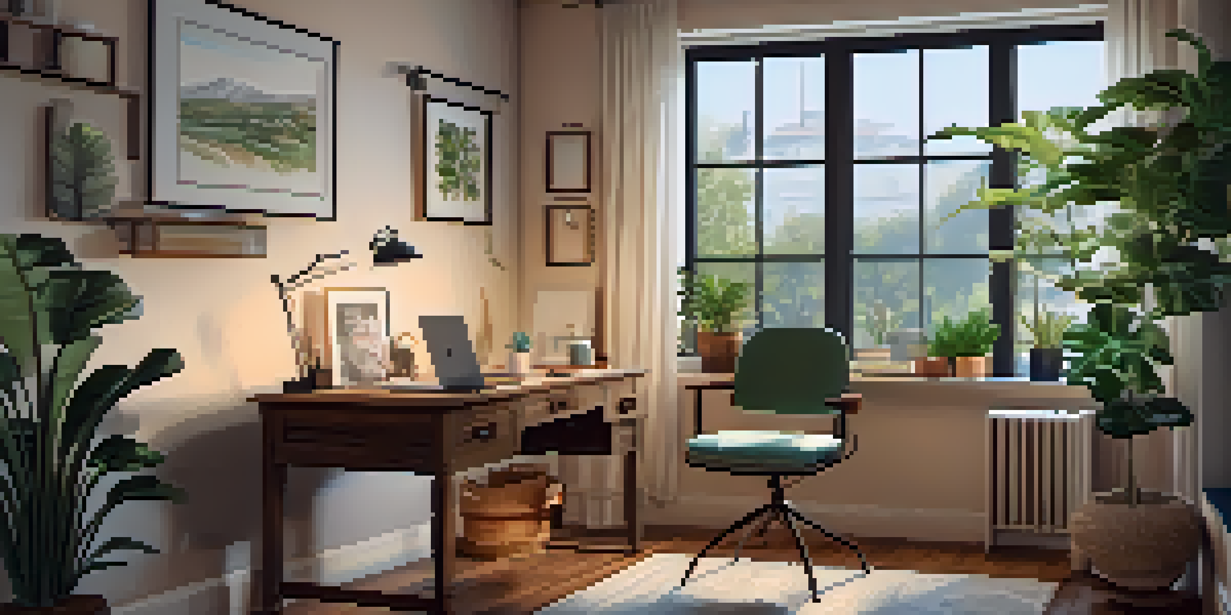 A cozy home office with a laptop on a desk, showcasing a person engaging in a teletherapy session, surrounded by plants and calming decor.