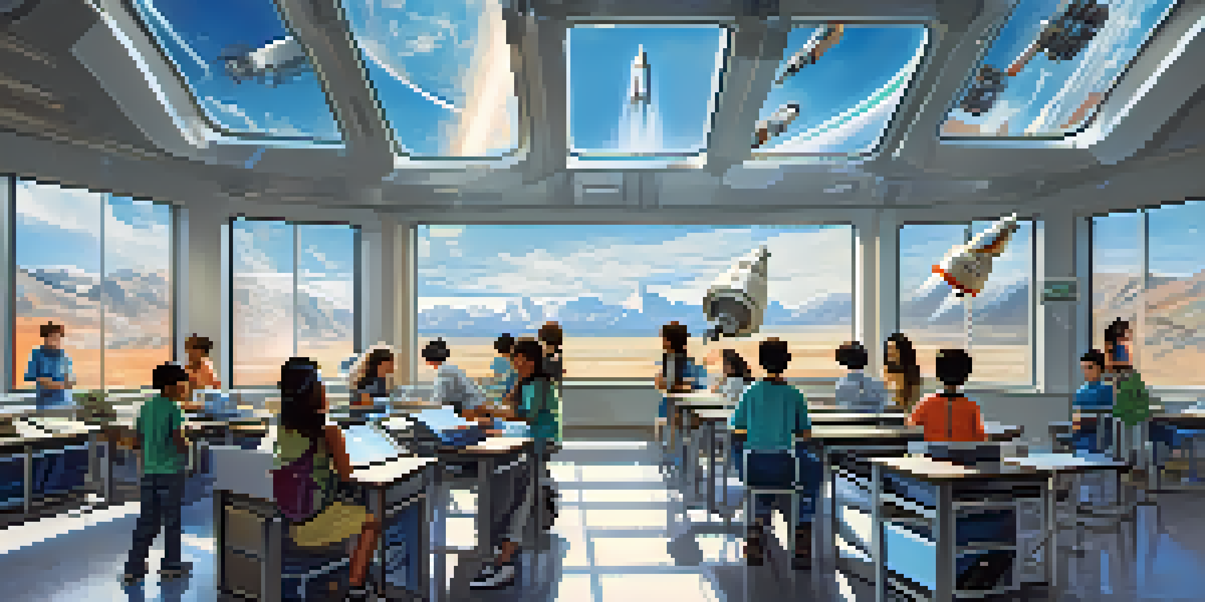 A modern classroom where students are working on a space robotics project, with a rocket launch visible outside the window.