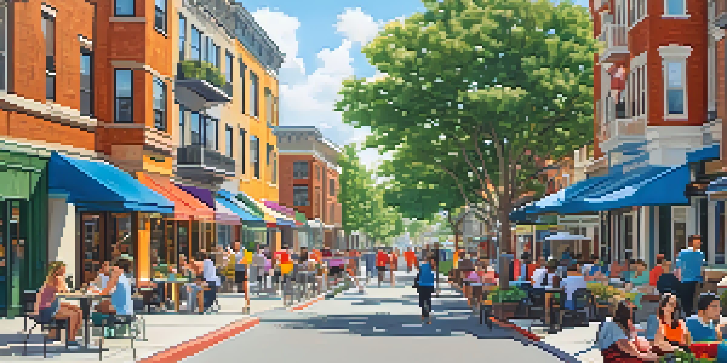 A lively urban neighborhood with a mix of modern and traditional homes, people walking and biking, and outdoor cafes under a clear blue sky.