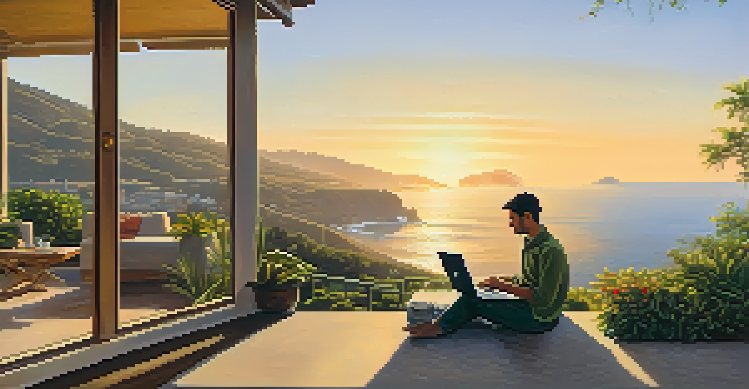 A remote worker on a patio with a laptop, surrounded by greenery and a view of the California coastline at sunset, creating a warm and inviting atmosphere.