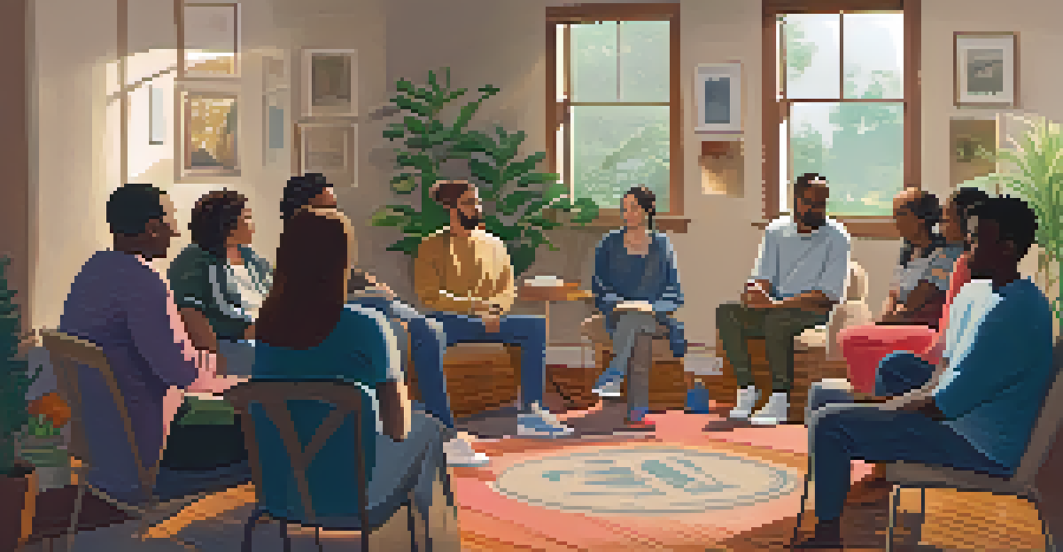 Participants in a mental health support group sitting in a cozy room, engaged in discussion.