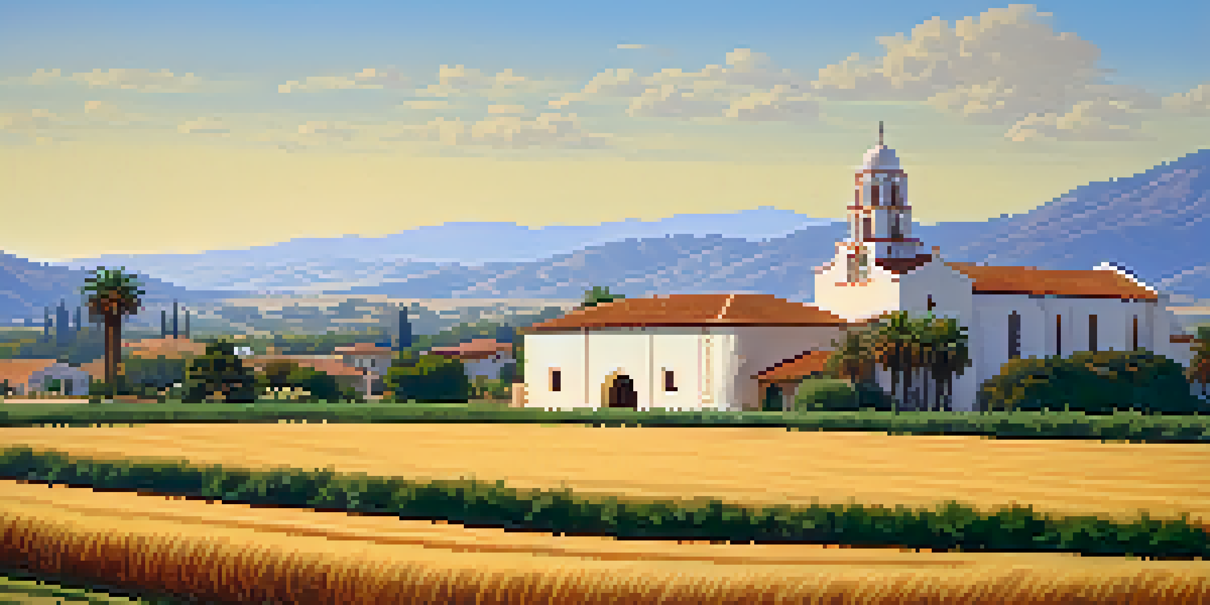 A California mission surrounded by agricultural fields and orchards, with traditional Spanish architecture and a clear blue sky.