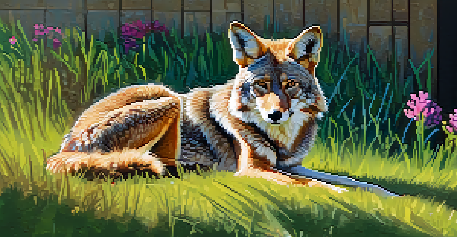 A close-up of a coyote sitting in a park, surrounded by grass and flowers, with sunlight filtering through the trees.