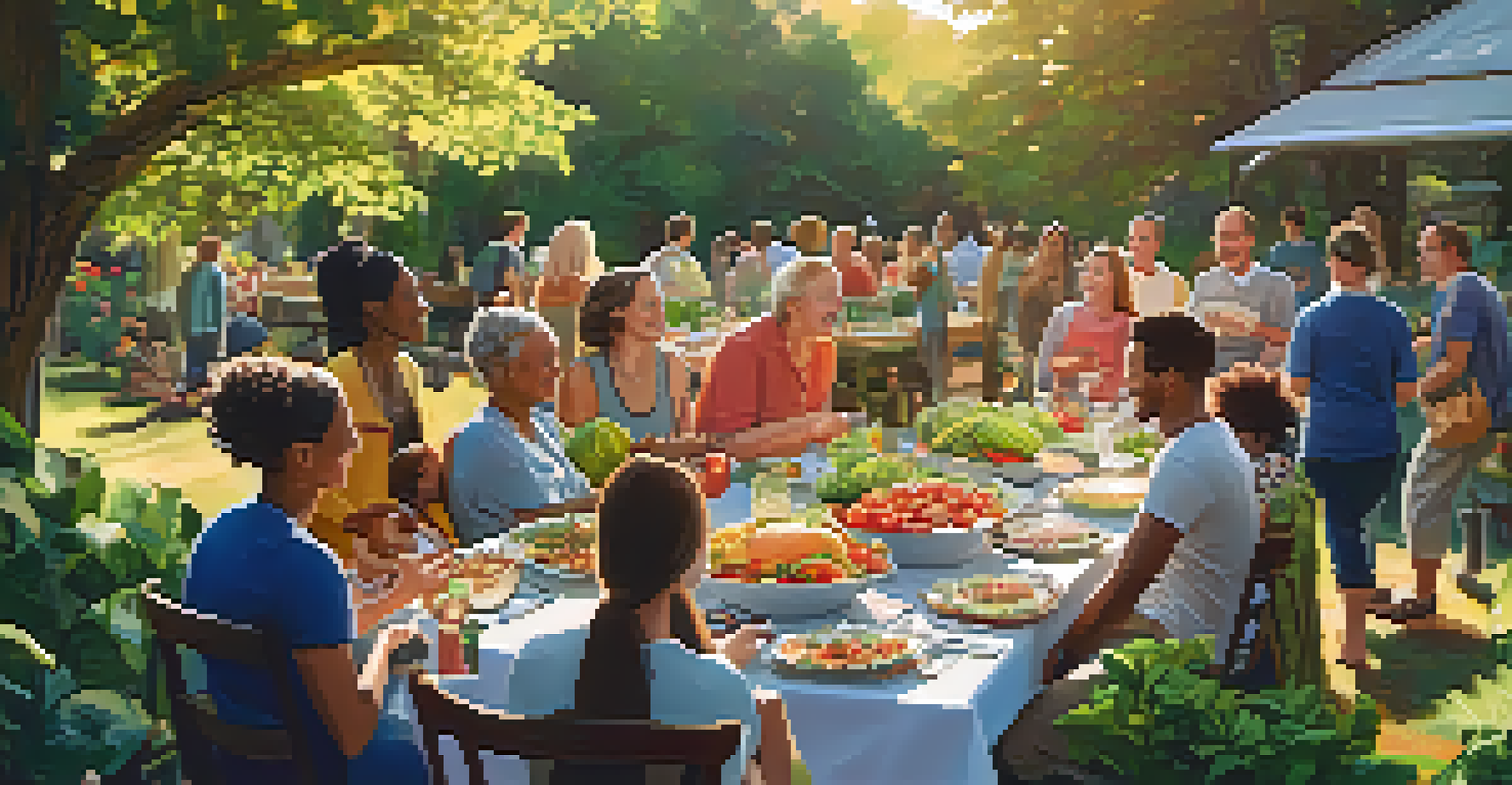 A community potluck in a garden, with people enjoying homemade dishes and smiling, surrounded by vibrant greenery and warm sunlight.