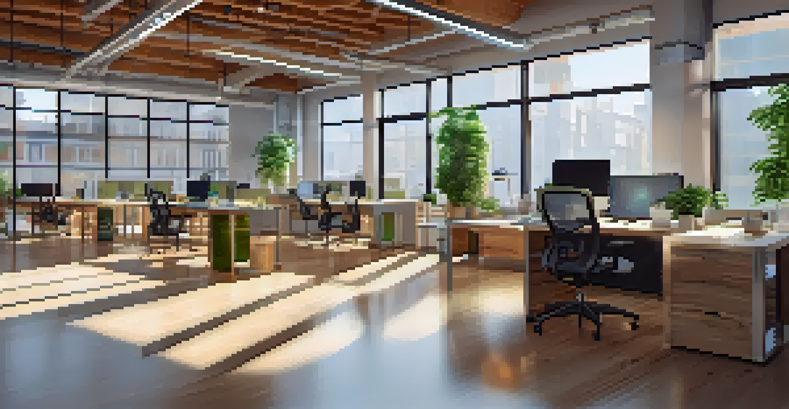 An eco-friendly startup office with sustainable furniture and a screen showing a carbon footprint tracking app.