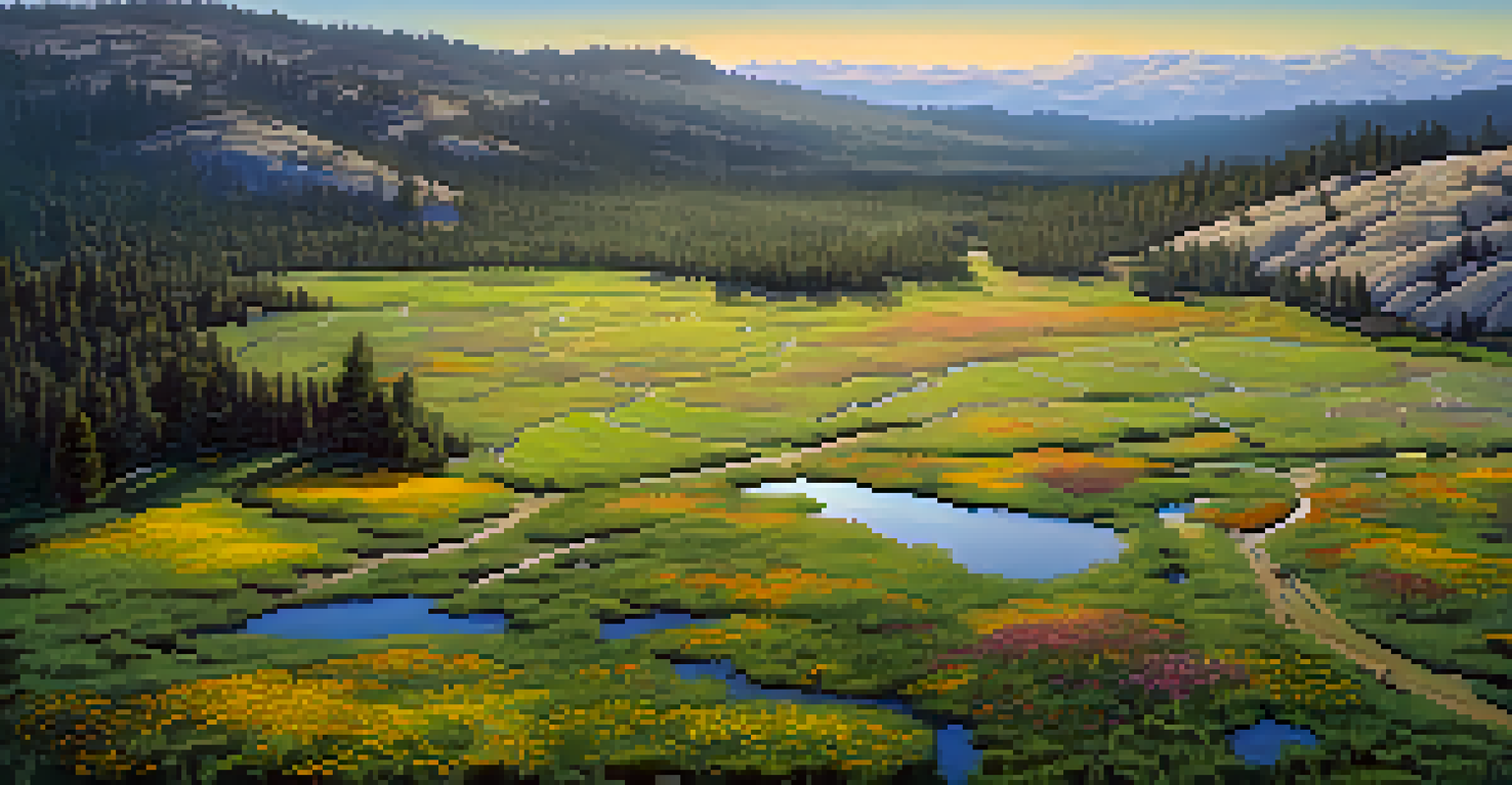 Aerial view of colorful meadows in the Sierra Nevada, with wildflowers and fenced grazing areas under morning light.