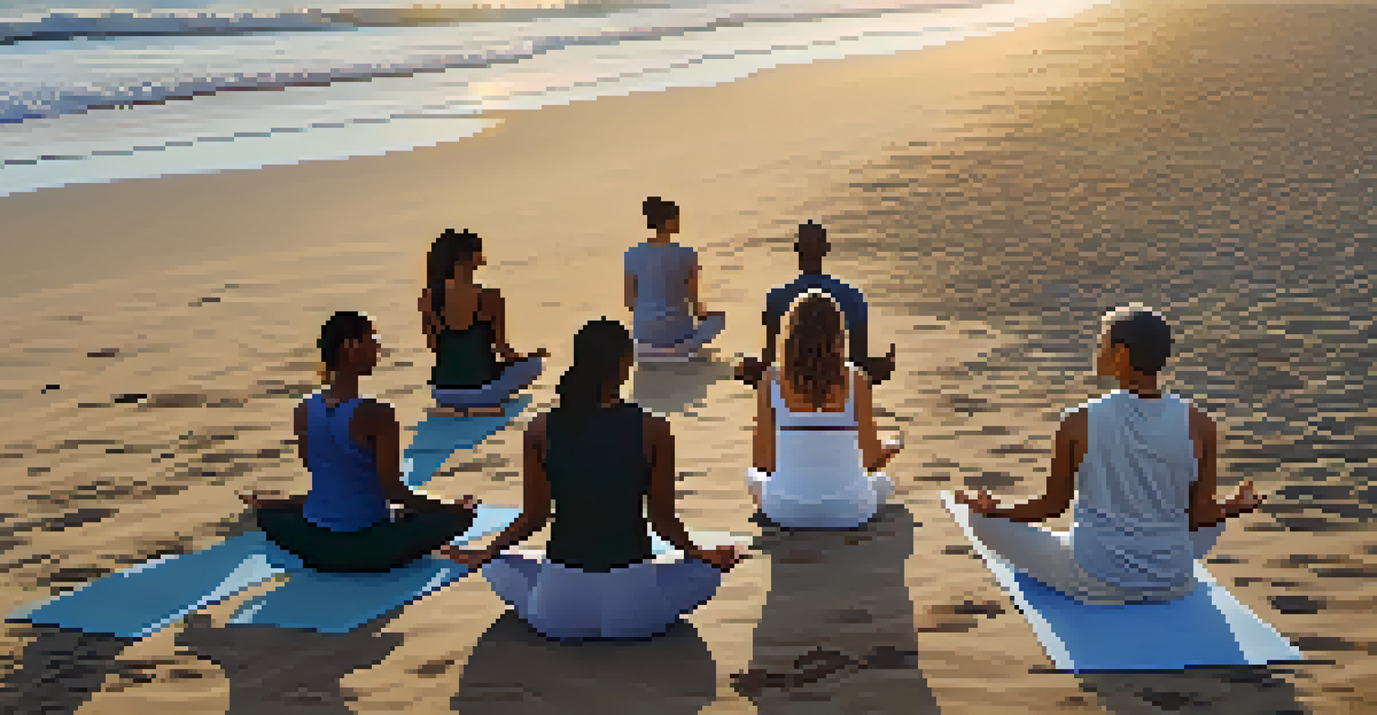 Close-up of a beach yoga session at dawn with individuals practicing yoga near the shore.