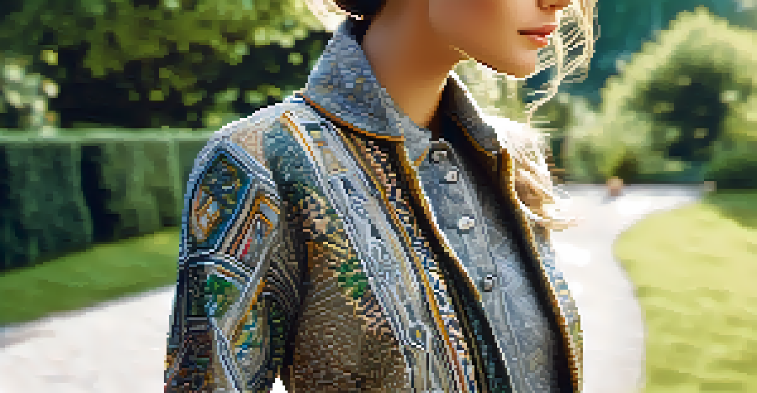 A detailed view of a stylish outfit crafted from recycled materials, showcasing intricate textures and stitching.