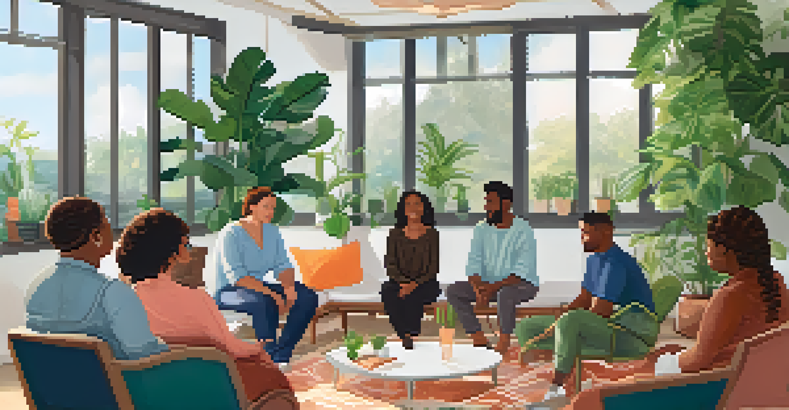 An inviting group therapy session with diverse participants sharing their experiences in a warm, cozy room.