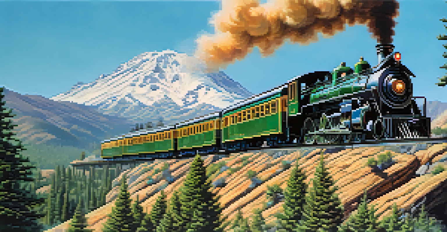 A vintage train traveling through the Sierra Nevada mountains, symbolizing progress and connectivity amidst lush greenery.