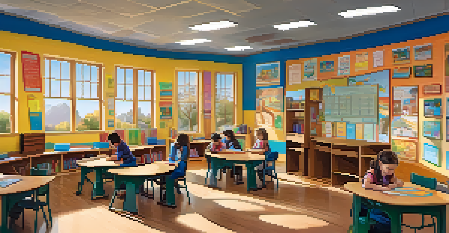 A warm classroom in a rural California school with students gathered around a teacher for a group discussion, surrounded by educational materials.