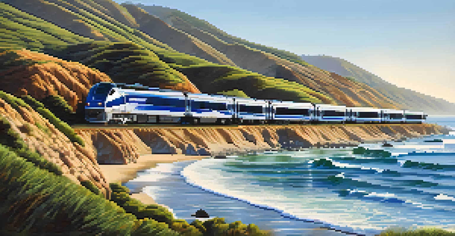 The Pacific Surfliner train traveling along the picturesque California coastline with ocean waves and rocky cliffs in the background.