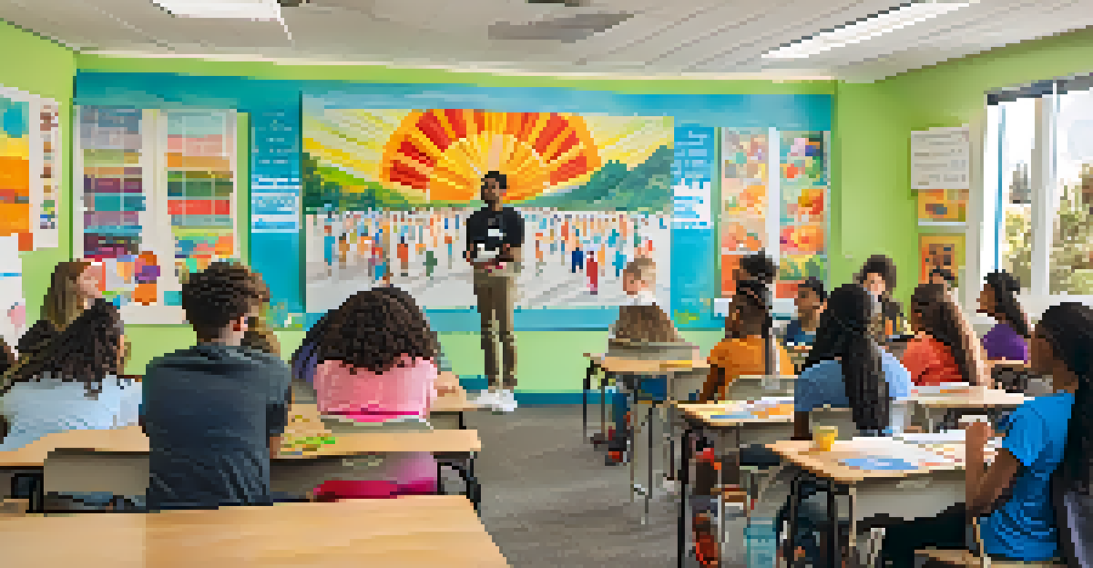 A vibrant classroom setting where youth are engaged in a peer support workshop, discussing mental wellness with a facilitator in a friendly environment.